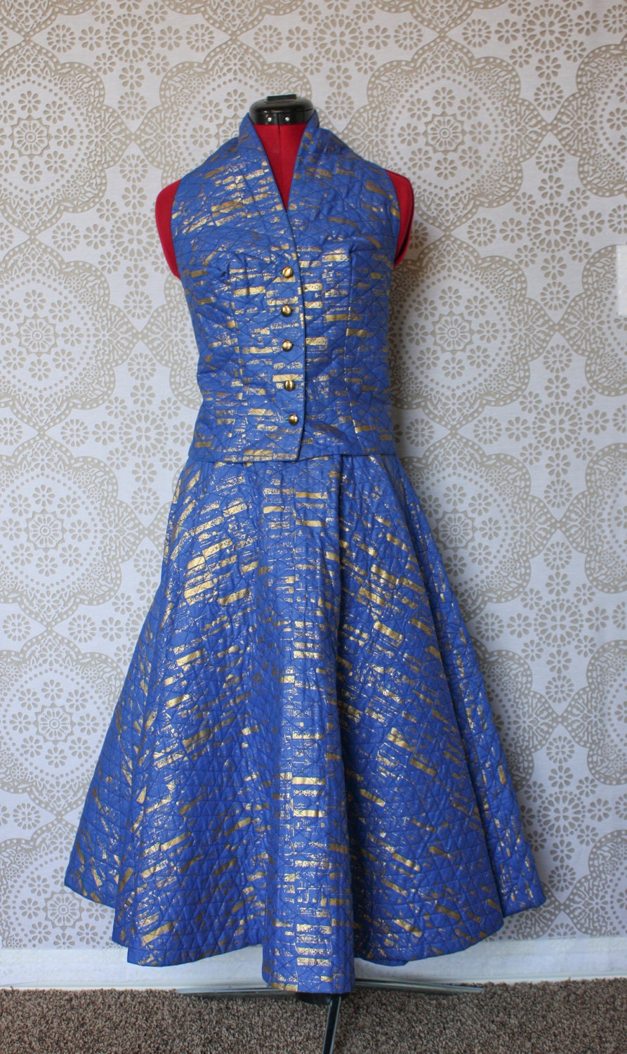 Vintage 1950's Blue and Gold Atomic Circle Skirt and Halter Top S/M