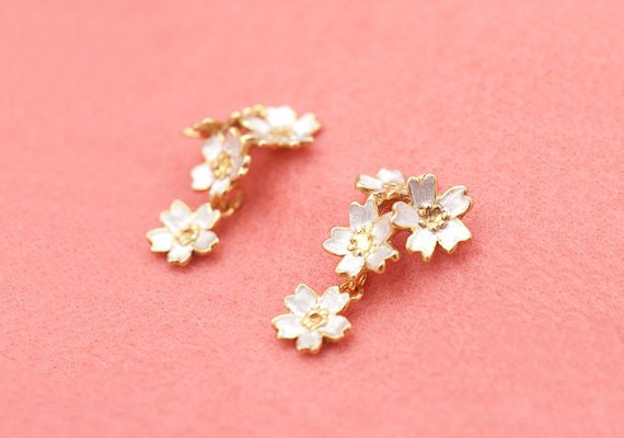 Japanese Sakura blossom earrings - Cherry flowers in silver and gold