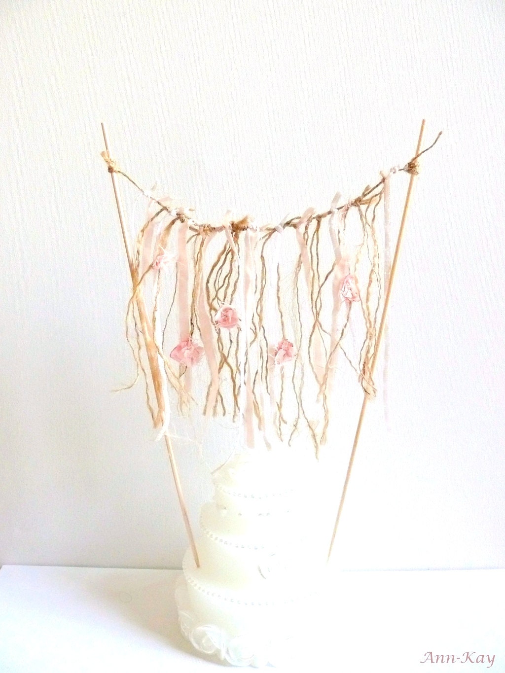 Rustic Wedding Cake Topper Twine and Fabric Flowers Streamer Backdrop