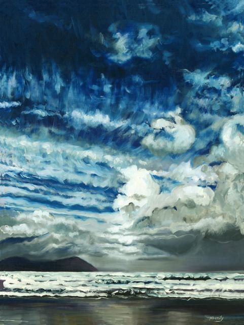 Endless Sky--5"x7" art print of original painting--white, gray clouds, blue sky after a storm, ocean waves, beach, nature art