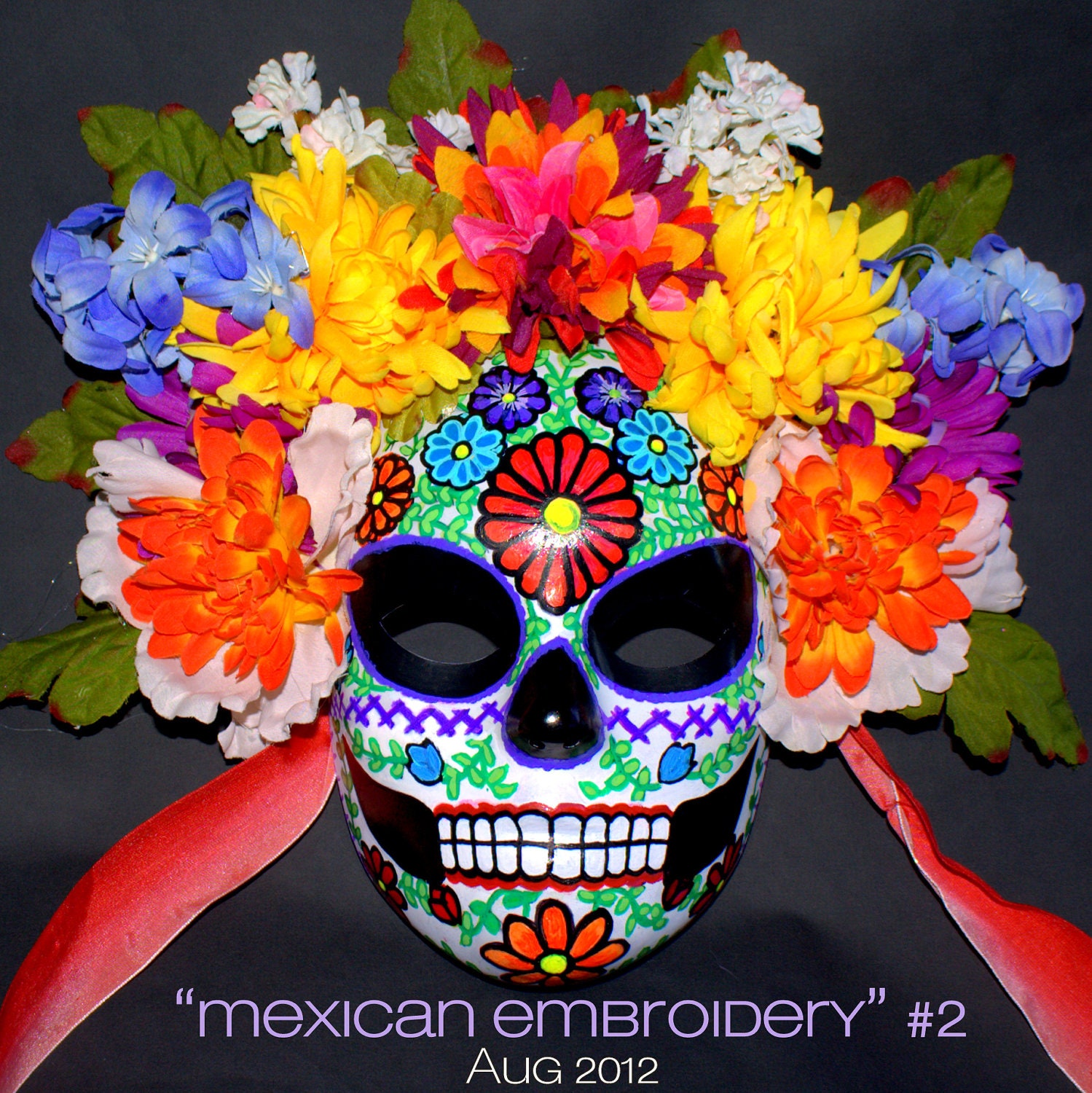 Mexican Embroidery Sugar Skull Mask for Dia de los muertos with Deluxe Flower Crown