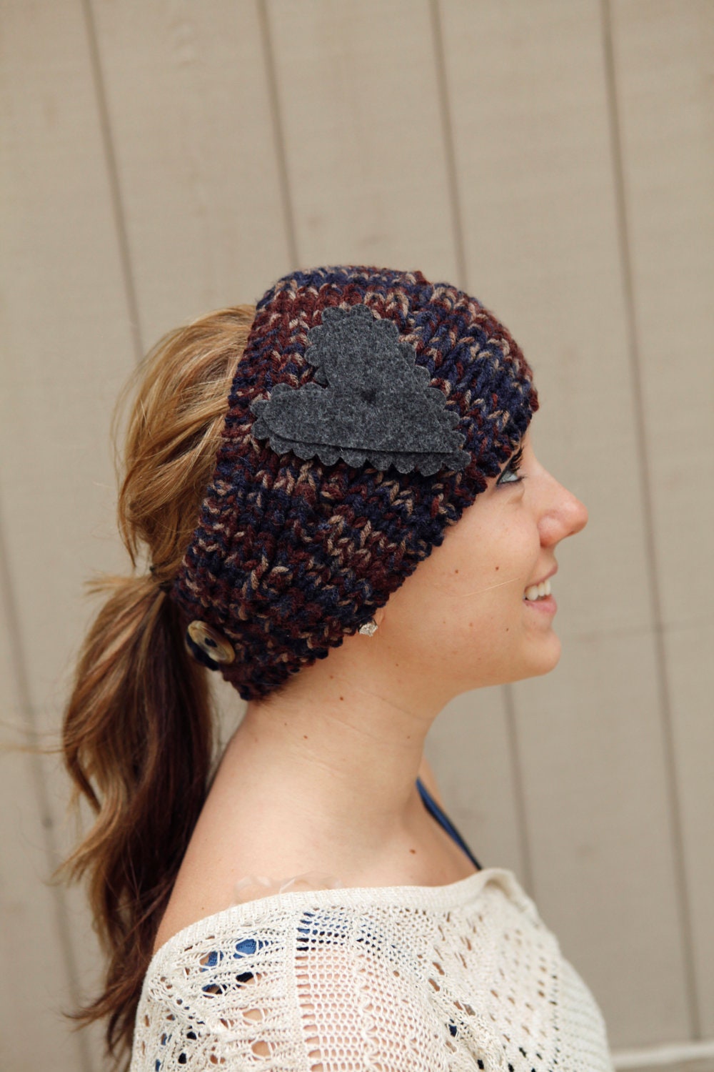 Knitted Headband in Mountain Palette of Blue, Brown and Taupe with grey felt heart attachment READY To SHIP