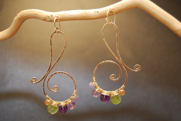Nouveau 76 Hammered swirls wrapped with peridot, tanzanite, mandarin garnet, and amethyst,