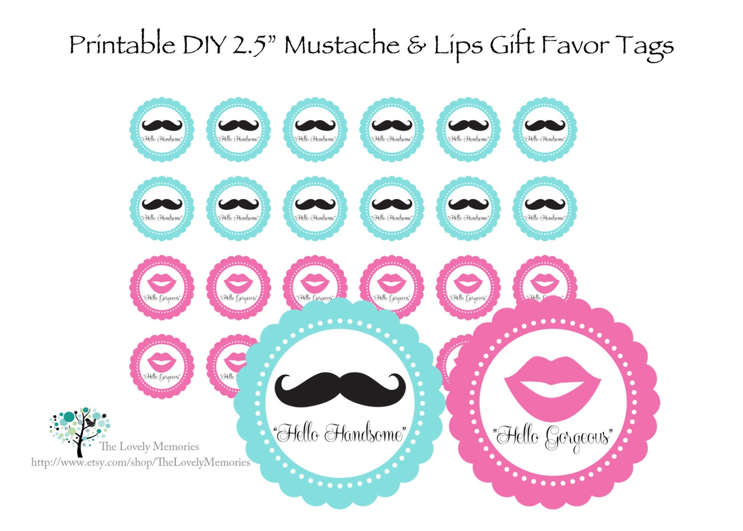 Mustache & Lips Printable Party Favor Tags, 2.5" DIY Personalized Mustache Bash Cupcake Toppers, Birthday Favor Tags Il_570xn