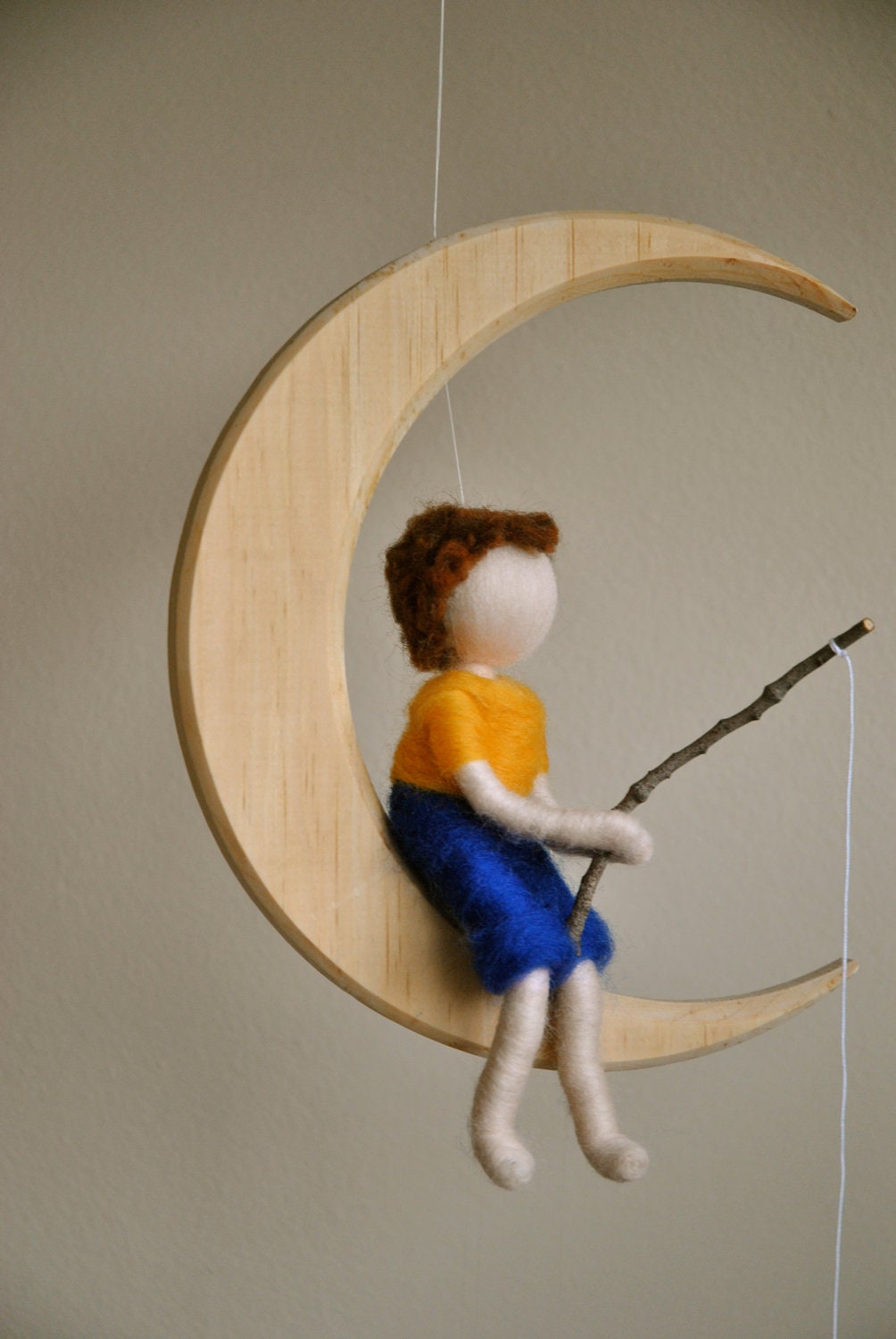 Waldorf inspired needle felted doll mobile/ : The fishing boy in the moon (crystal fishes)