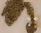Heart pendant necklace of antiqued brass with chain & quartz beads jewelry , filigree heart charm , short necklace , handmade necklace