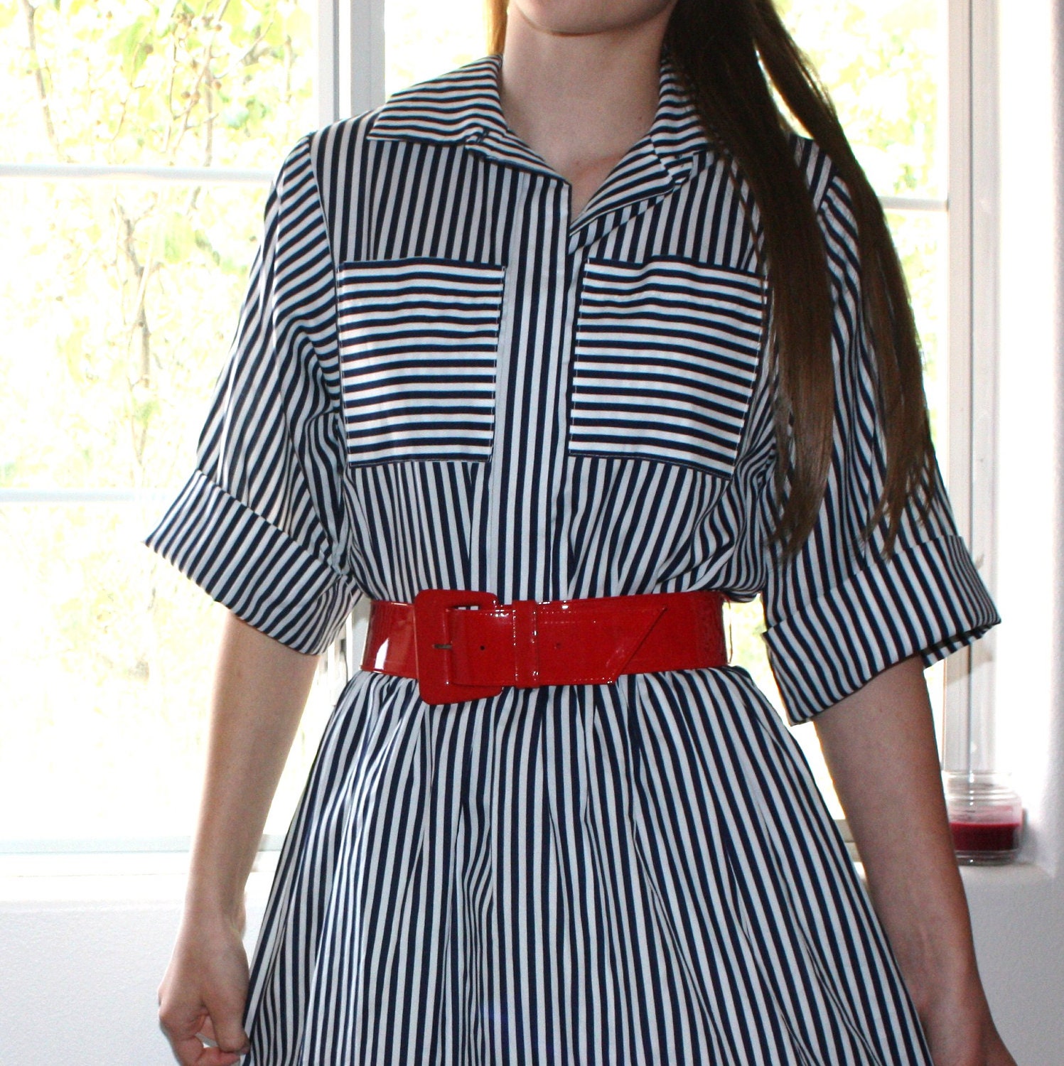 Vintage Striped Dress - 1970's Mad Men Style Navy Blue