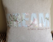 Handmade Pillow Cushion in Laura Ashley Duck Egg Blue Magnolia and Austen Natural Linen Fabric, Applique & Machine Embroidery