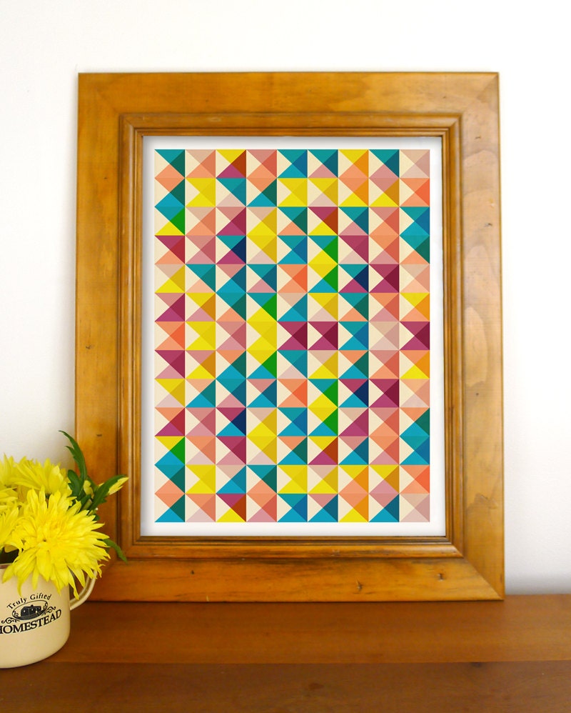 Geometric Composition A3 Print, Triangular Pattern Poster, Mid Century Modern Inspired in Blue, Magenta and Yellow