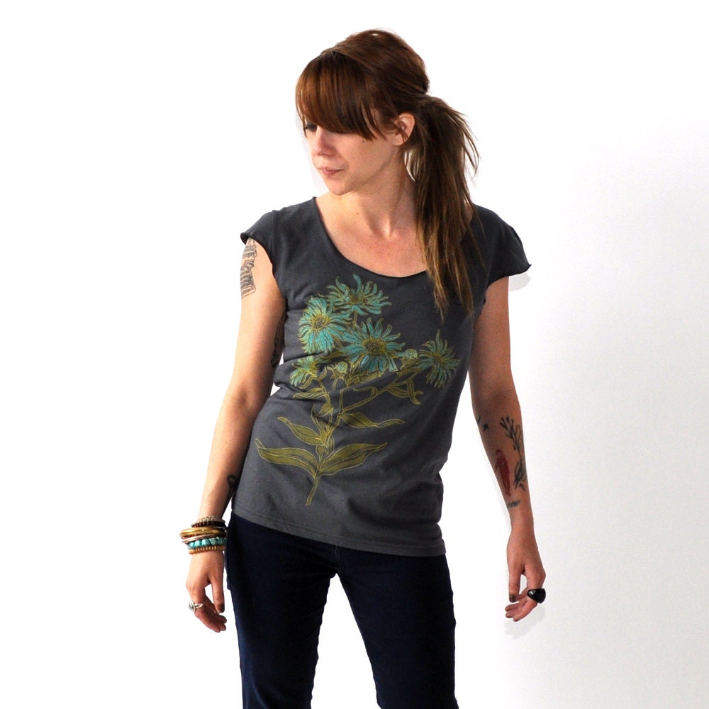 SALE Aster, Botanical Design, Scoop Neck T-Shirt, Hand Screen Printed by Maryink