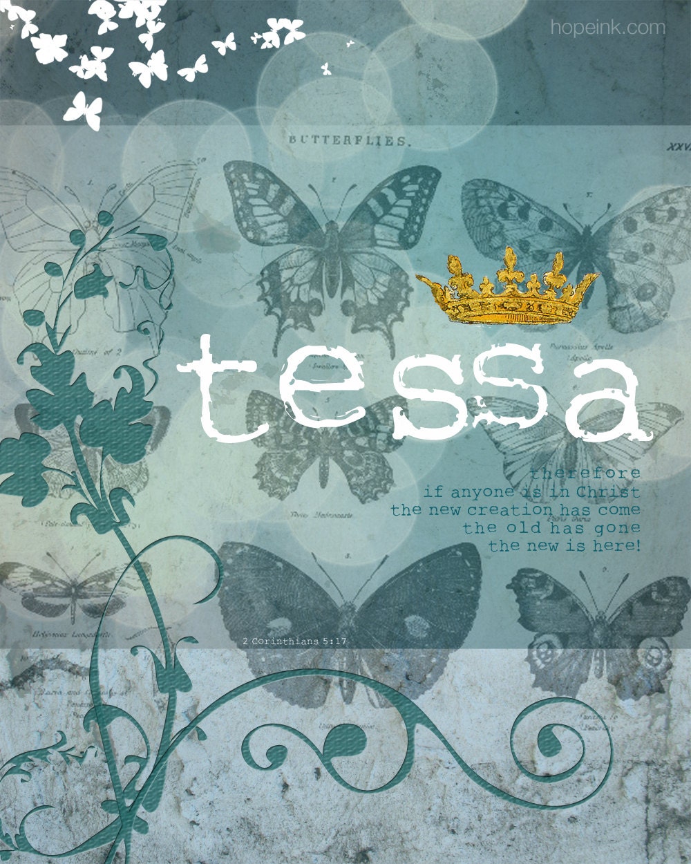 Personalized Vintage Butterfly Name, Mounted Print, New Creation (16x20)