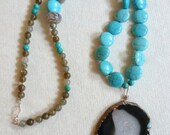 stormy waters  -  black fire agate, labradorite, turquoise, magnesite, and agate slice