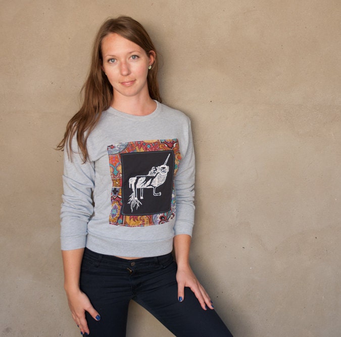 MONKEY UNICORN Applique Pullover Sweater - hand printed American Apparel sweatshirt