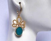 Matte Gold Plated Loopy Swirl and Framed Faceted Mint Opal Glass Stone Dangle Earrings