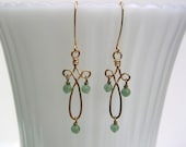 Green aventurine beaded gold scroll earring Delicate filigree wire celtic cross earring Hammered wire jewelry