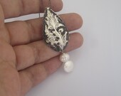 Silver Floral Tear Drop Necklace - Charm Necklace - Wedding Jewelry - Fresh Water White Pearls - Sterling Silver
