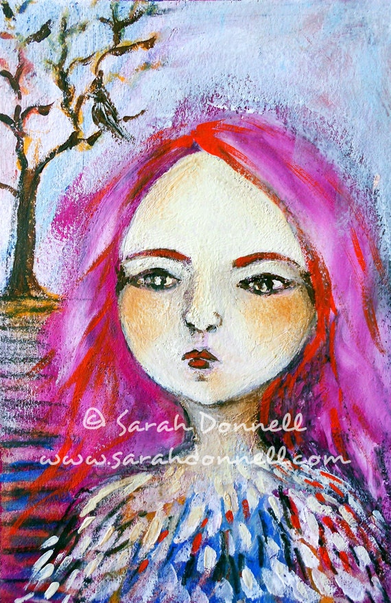 A4 Print Original Artwork Spirit Animal Totem Magenta Mixed Media Girl Woman Watercolor Painting Medicine Shamanic Spiritual Art - Hawk