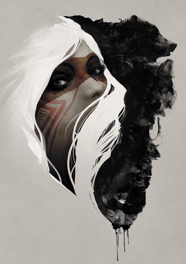 Fine Art Print - Digital Painting - Native American, Wolf, Grizzly Bear, Tribal, Nature, Totem,  18 x 24