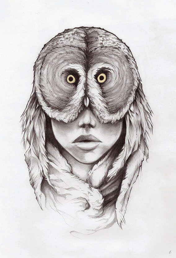 Fine Art Print - Owl, Drawing, Mask, Feathers, Pencil, Hood, Bird, Face, Animal, Headdress, 9 x 12