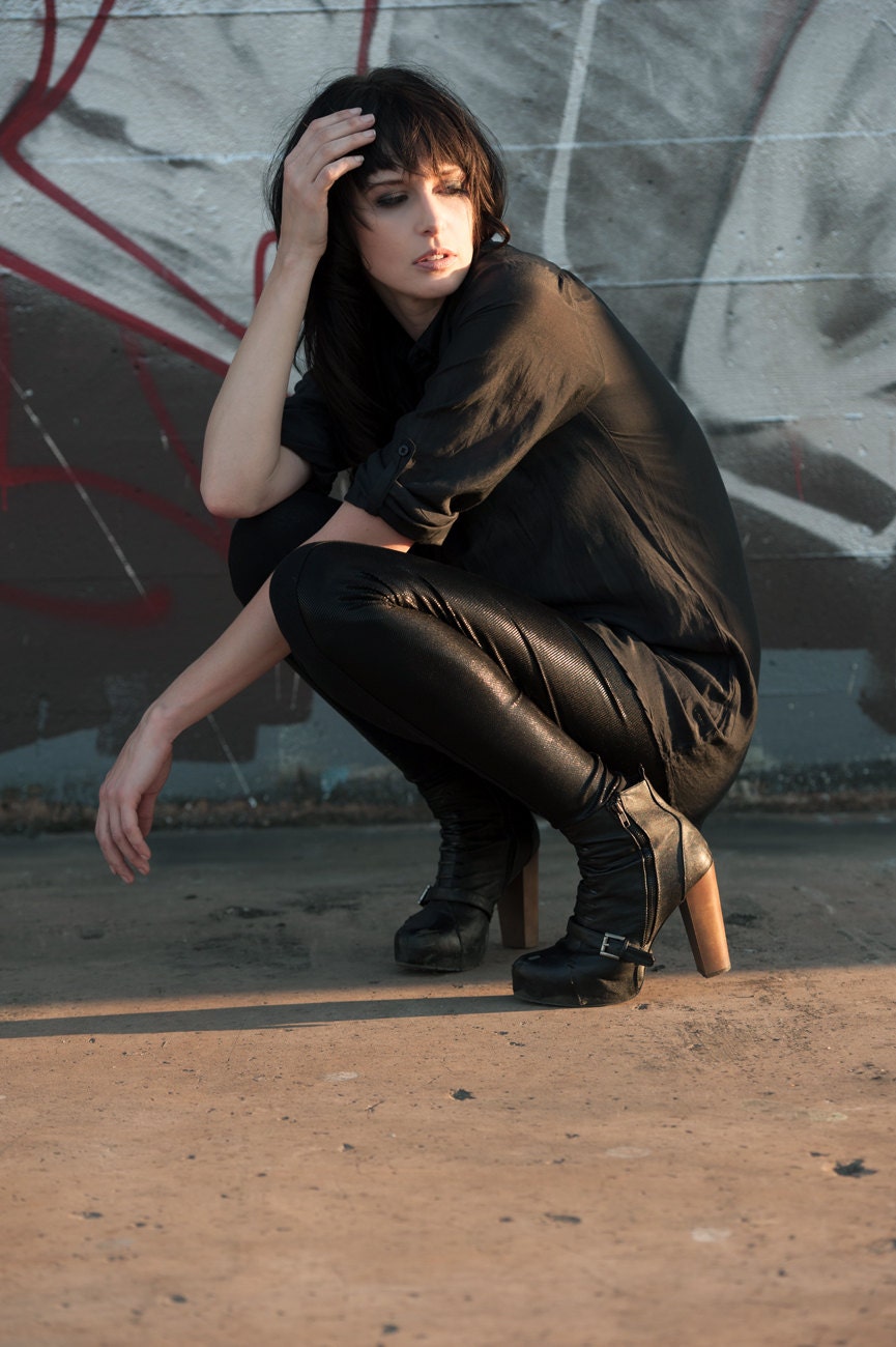 Faux leather leggings - metallic black spandex, street style fashion for women - small murmuration