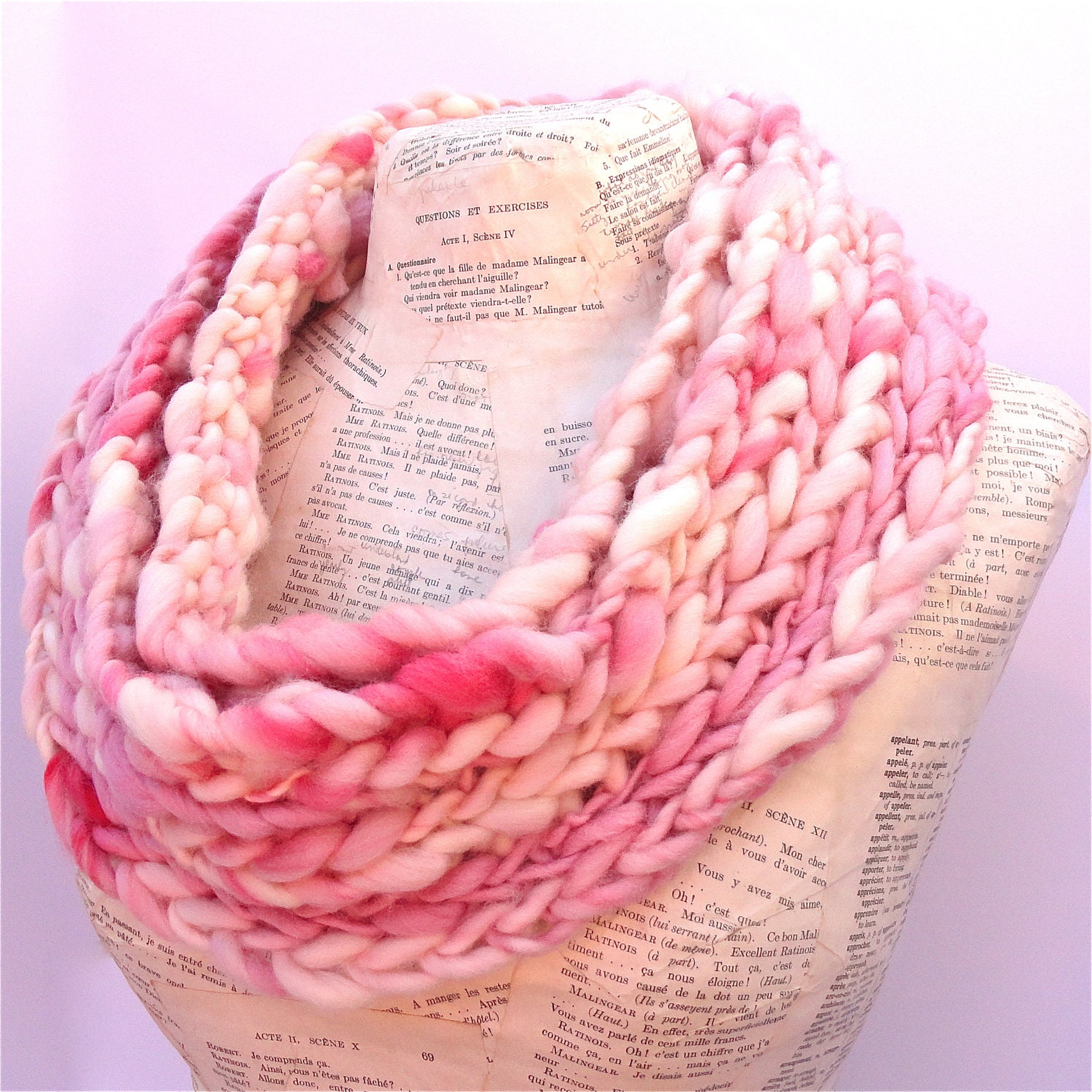 Peppermint Ice Cream Scarf Soft Merino Thick and Thin Handspun Art Yarn