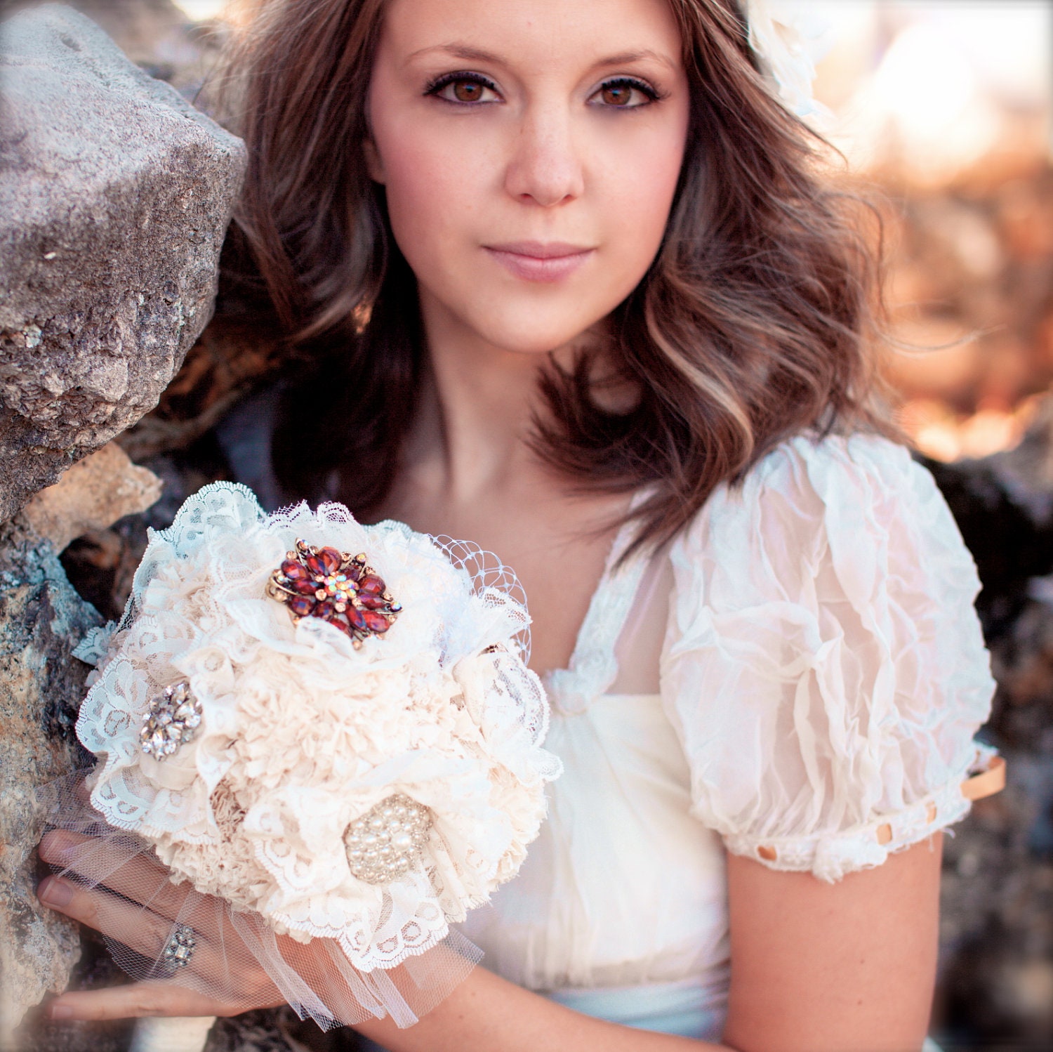 Brooch Bridal Bouquet, Jewelry bouquet, Fabric Flower Bouquet - Vintage Wedding