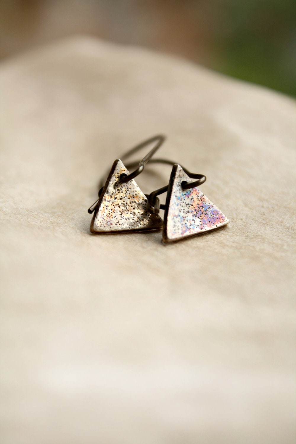 Modern Spring Jewelry, Triangle Silver Metal Earrings,Tiny Dangle Dainty Earrings, Stardust Texture - CaprichosaJewelry
