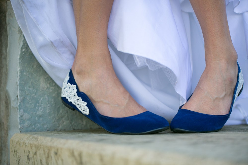 Blue Wedding Flats, Wedding Shoes with Ivory Lace Design. US Size 7.5