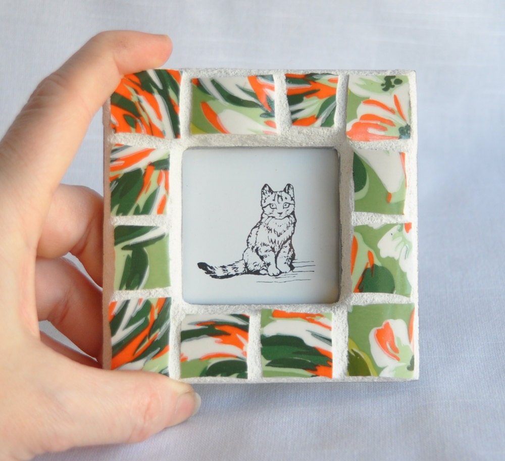 Mini Photo Frame Green and Orange Mosaic Tile - Upcycled - Eco Friendly