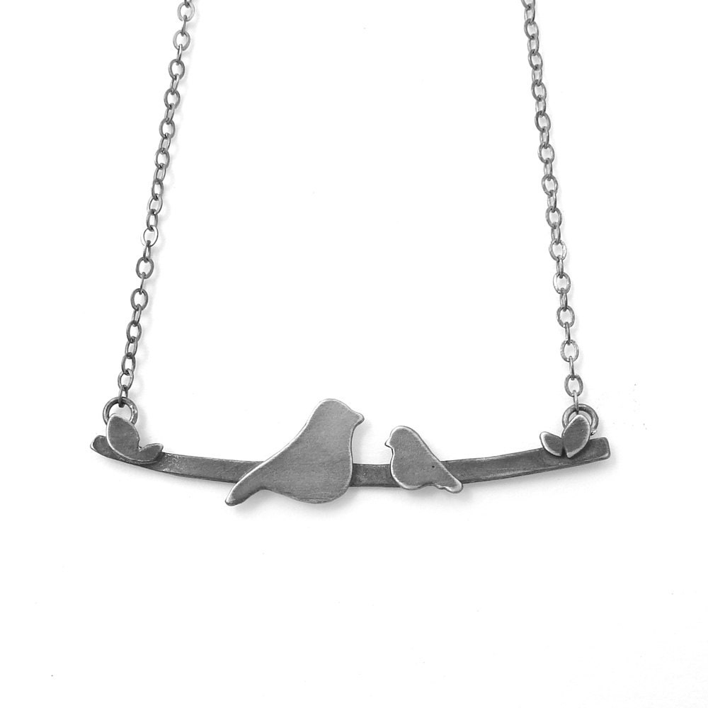 Nestling Bird Mother's Necklace with Momma & 1 Baby Bird: DARK GREY FINISH
