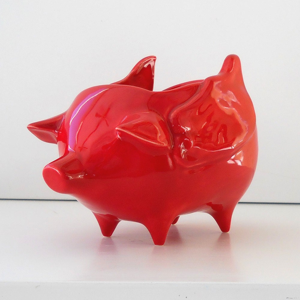 Ceramic When Pigs Fly Pig Planter Vintage Design in Chili Pepper Red