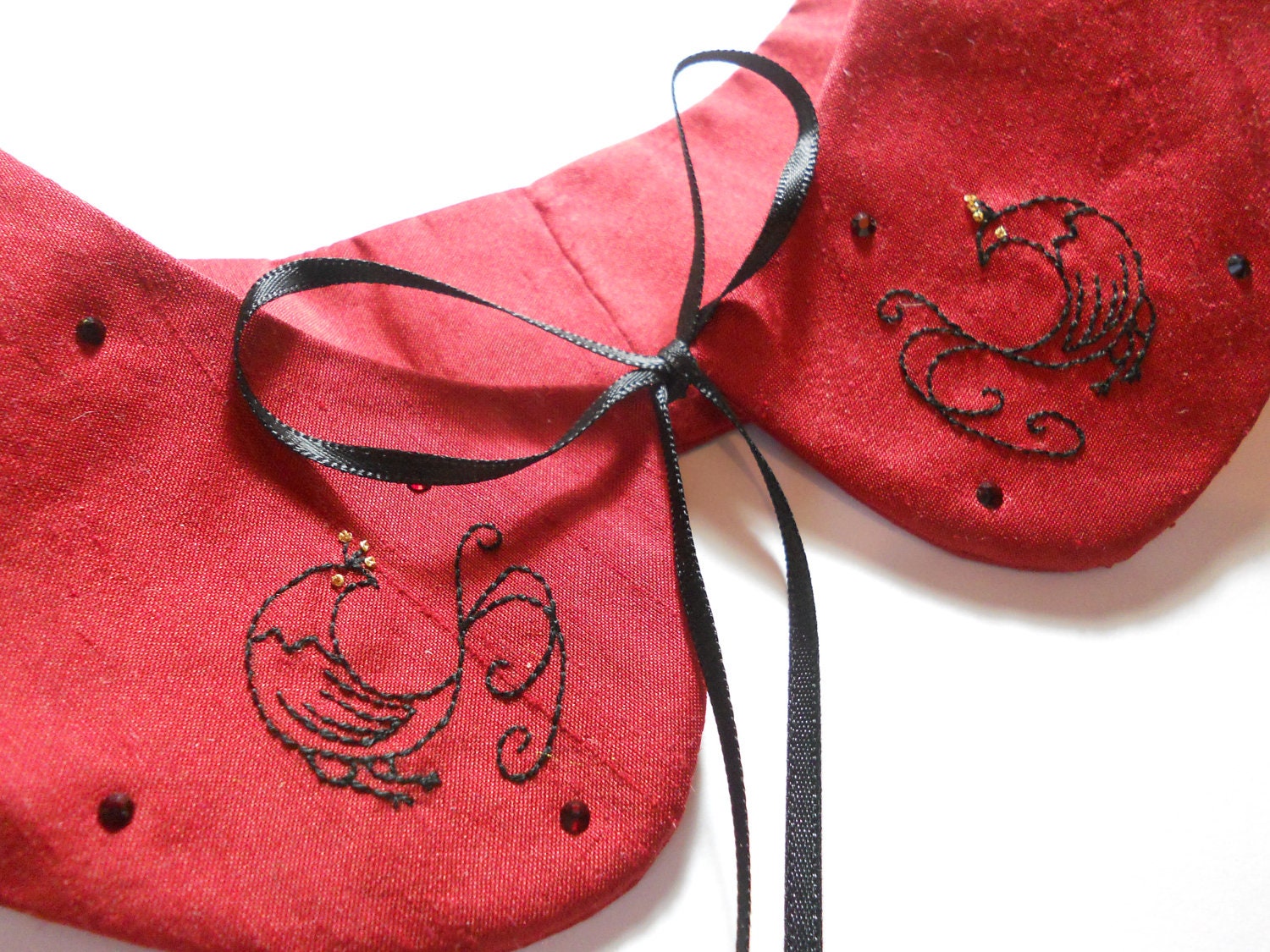 Red Silk and Swarovski Crystal Paradise Bird Hand Embroidered Peter Pan Collar