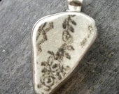 Genuine Beachcombed Black and White Pottery Shard Pendant Bezel Set in Sterling Silver
