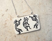 Kokopelli Trio Necklace Southwestern black white - handmade polymer clay jewelry