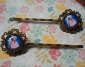 White deer and Girl hairclips bobbypins gift for girl sister best friend present stocking stuffers Antique Bronze glass dome.
