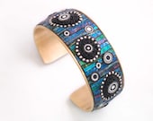 Mosaic Brass Cuff Bracelet with iridescent polymer clay inlay and Sterling Silver