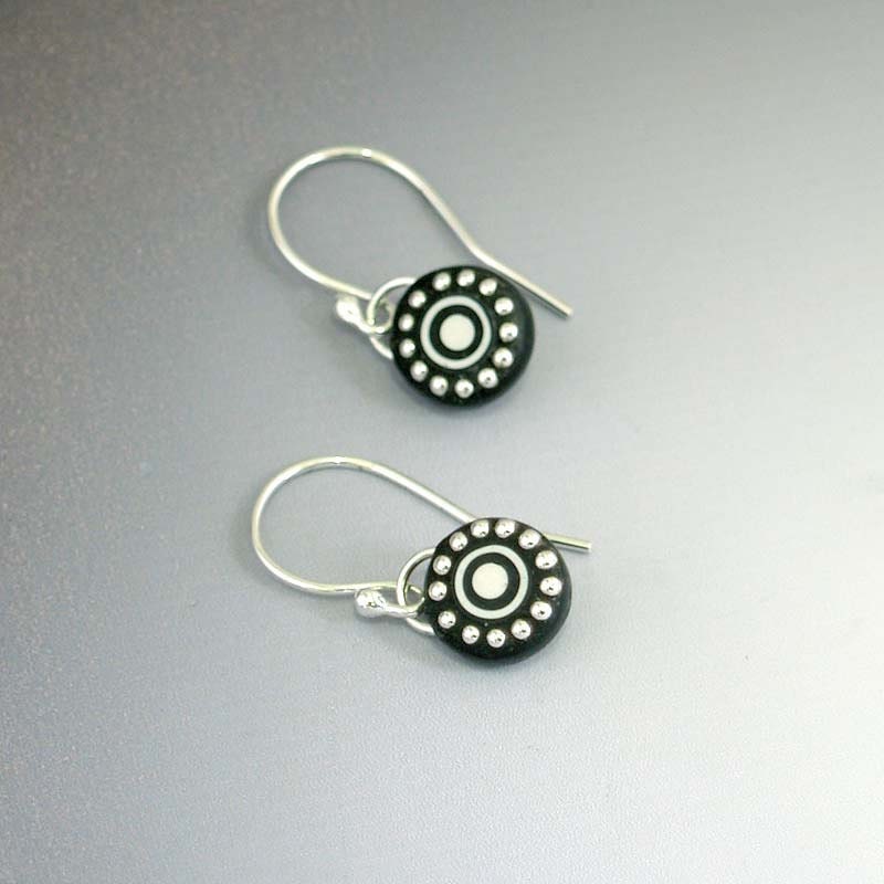 Black polymer sterling silver beads dangle bullseye Earrings