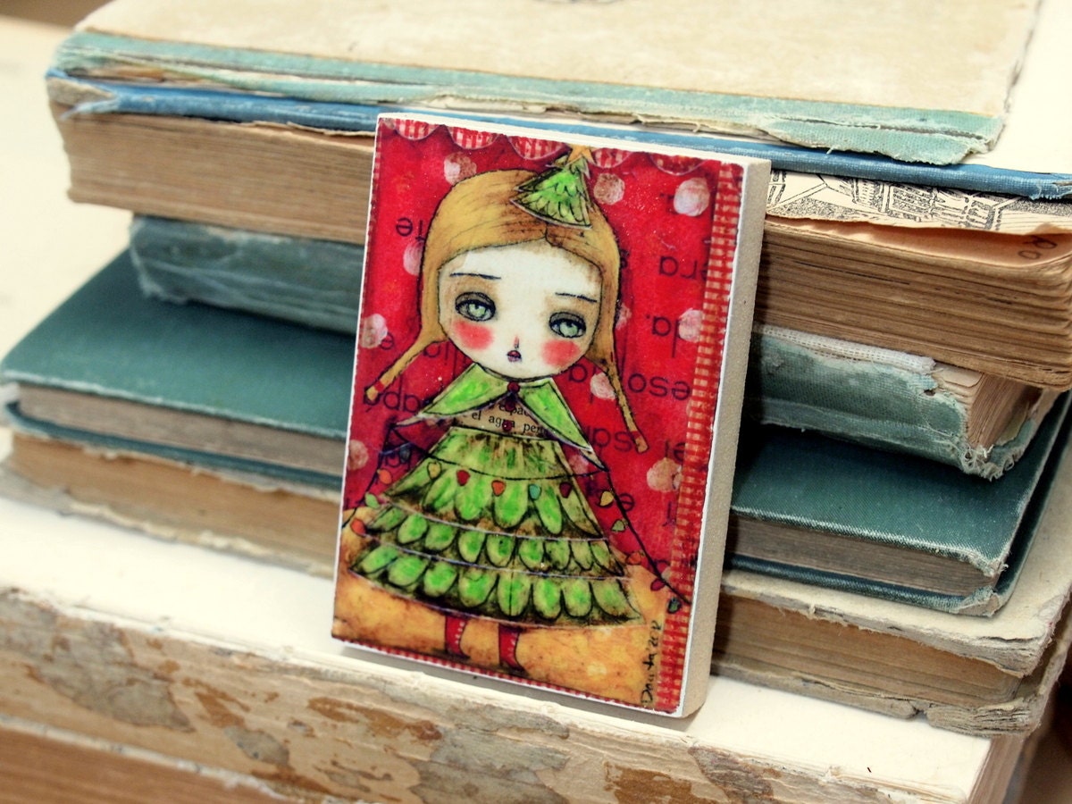 Christmas tree - ACEO Giclee Reproduction Mounted On Wood Block by Danita Art (2.5  x 3.5 Inches Print)