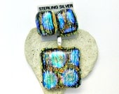 Dichroic Fused glass Jewelry - Stripes and Dots Dichroic Fused Glass Pendant and Earrings Set