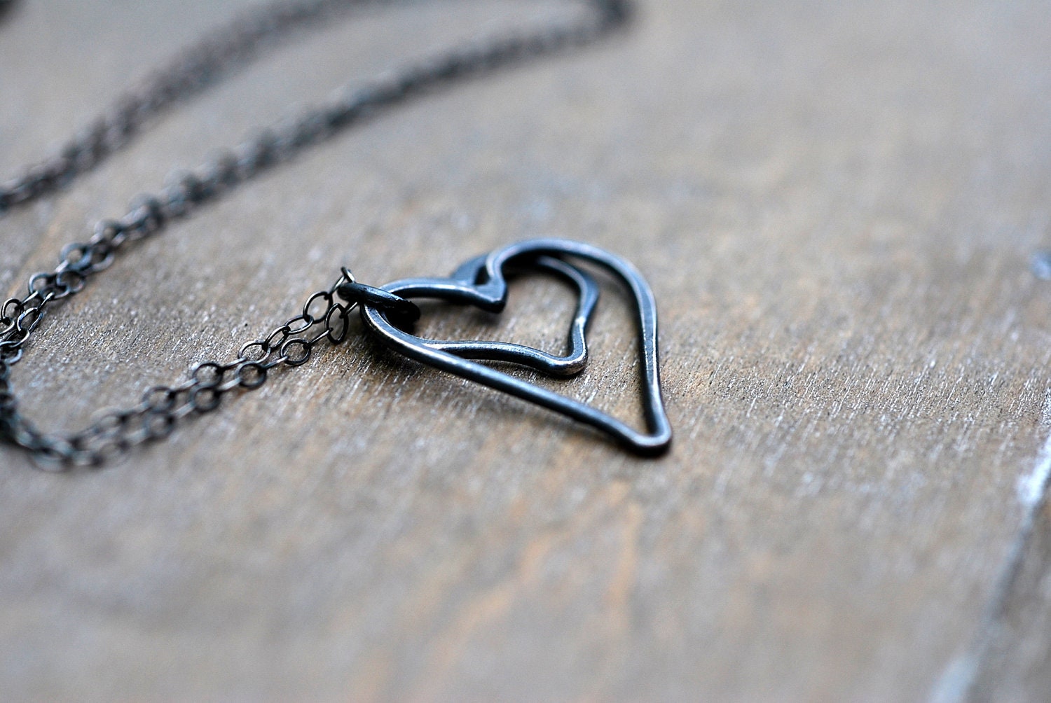 Two Hearts Sterling Silver Necklace . Oxidized Handmade Organic Dark Metal Love Jewelry Romance Gift