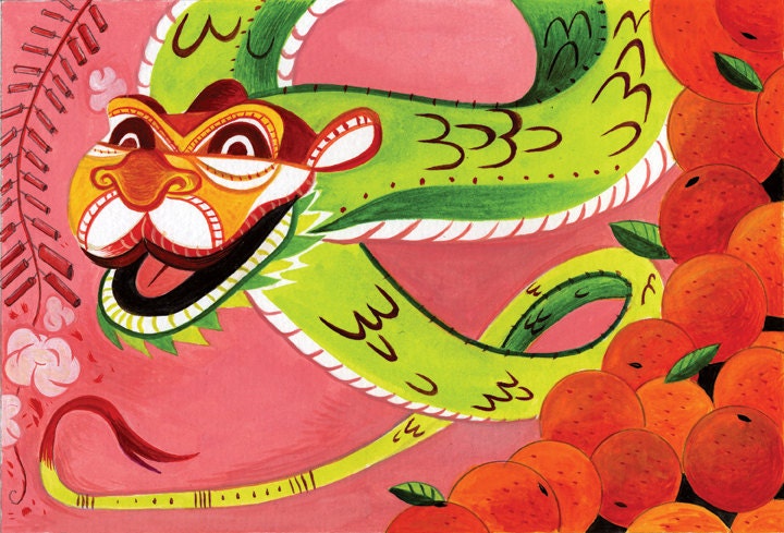 ORIGINAL Chinese New Year gouache 10x6.5 painting by Mike Gorman