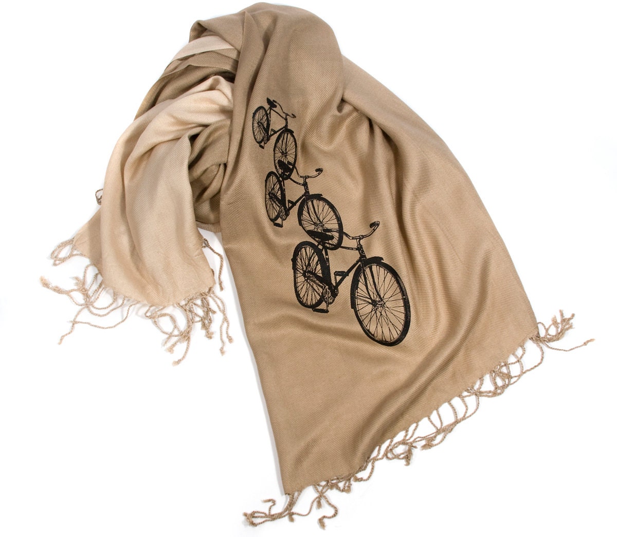 Bike pashmina. "Triple Cruiser," black bicycle print on a tan scarf. For men or women. Large "parchment" ombre scarf.