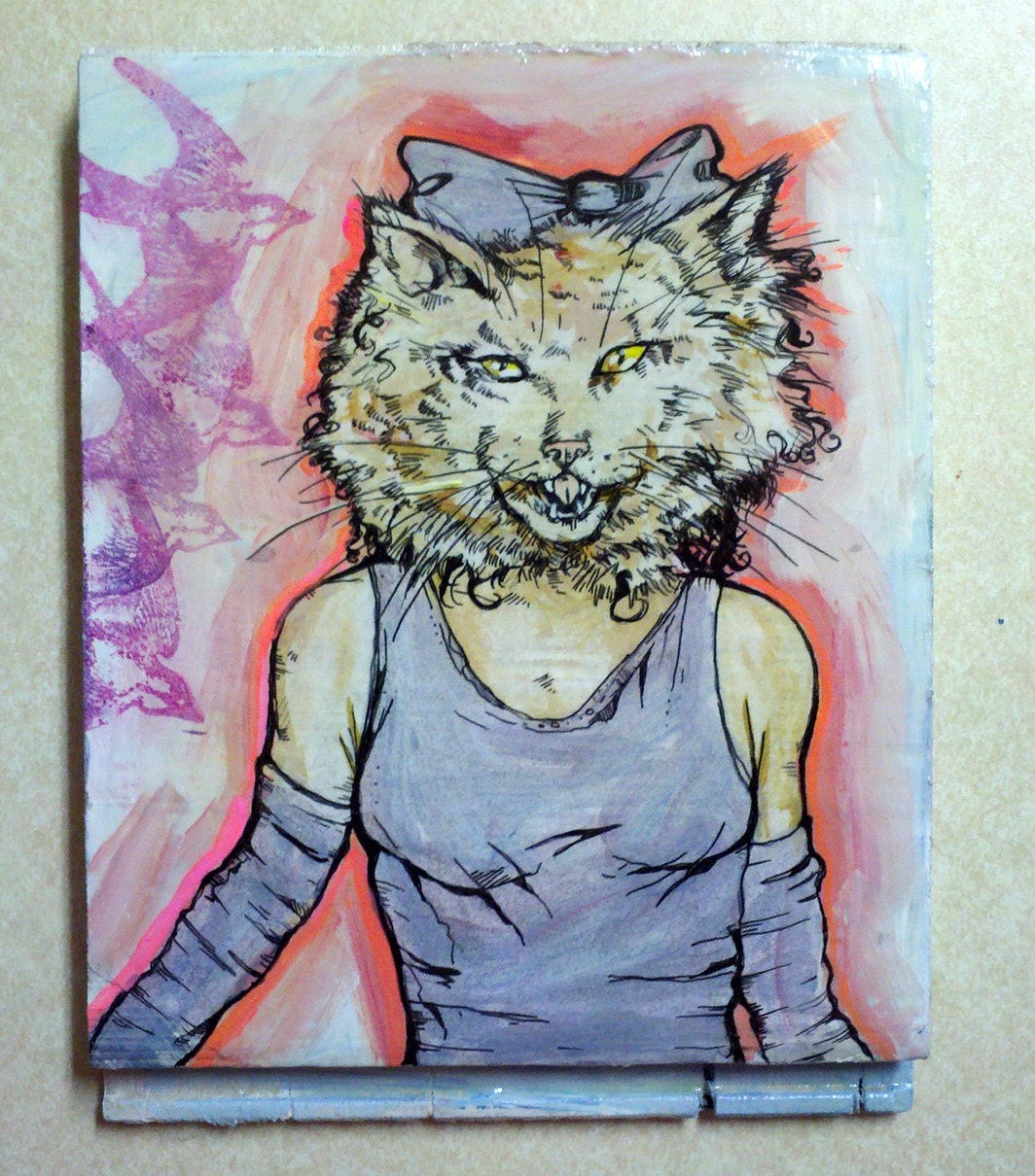 How Will I Meow - Whitney Houston Kitty Cat original mixed media painting