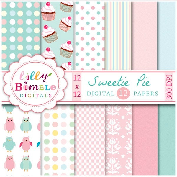 Sweetie Pie digital papers for scrapbooking, cupcakes, owls, pastel instant download Il_570xn