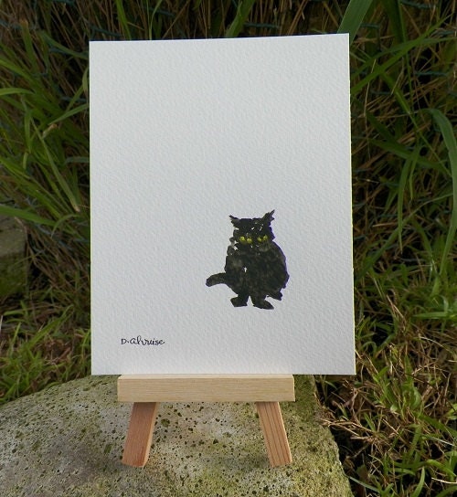 Black Cat Watercolor Art Kitty Original Painting Pen and Ink Sketch by California Artist Debra Alouise