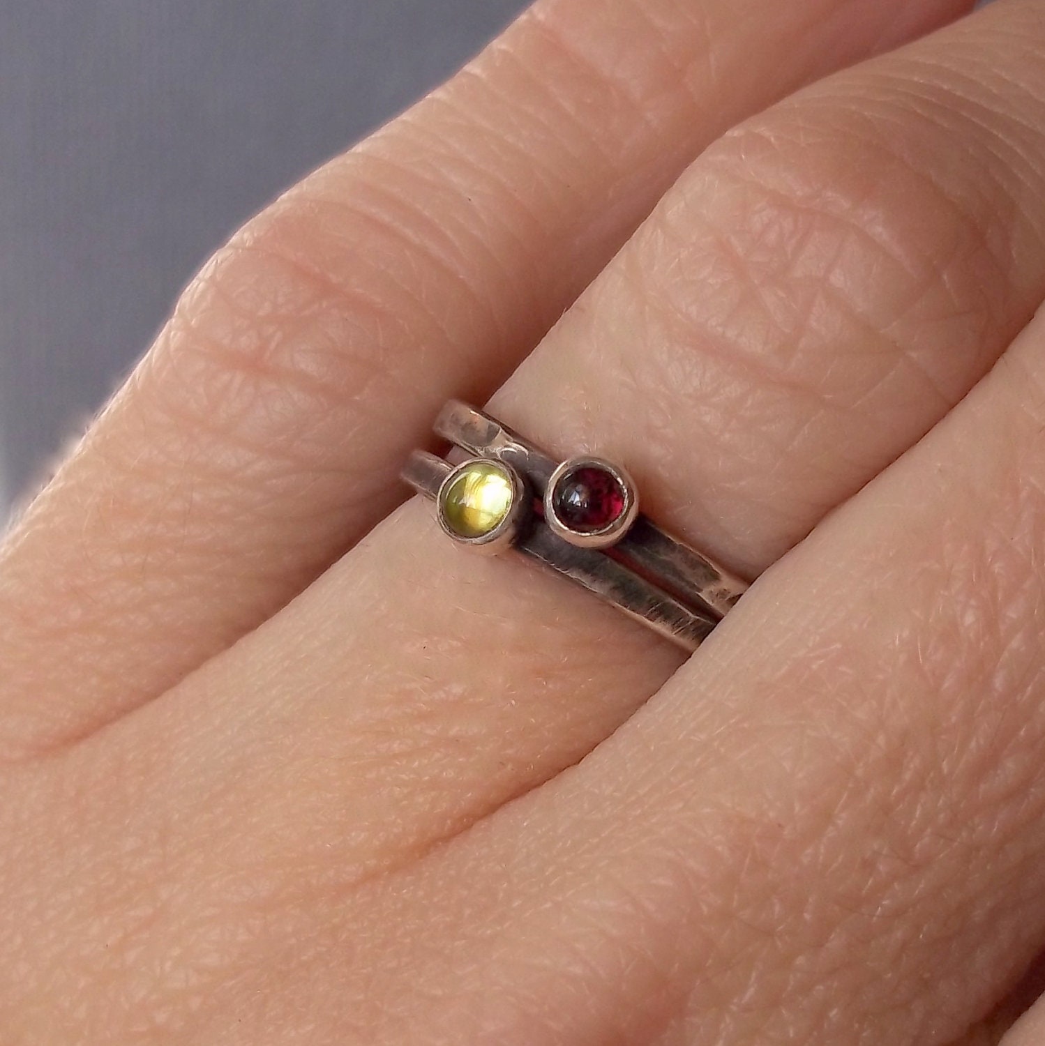 Tiny Little Stacking Set - Berry Garnet and Apple Peridot gemstones - Sterling and Fine silver Rings