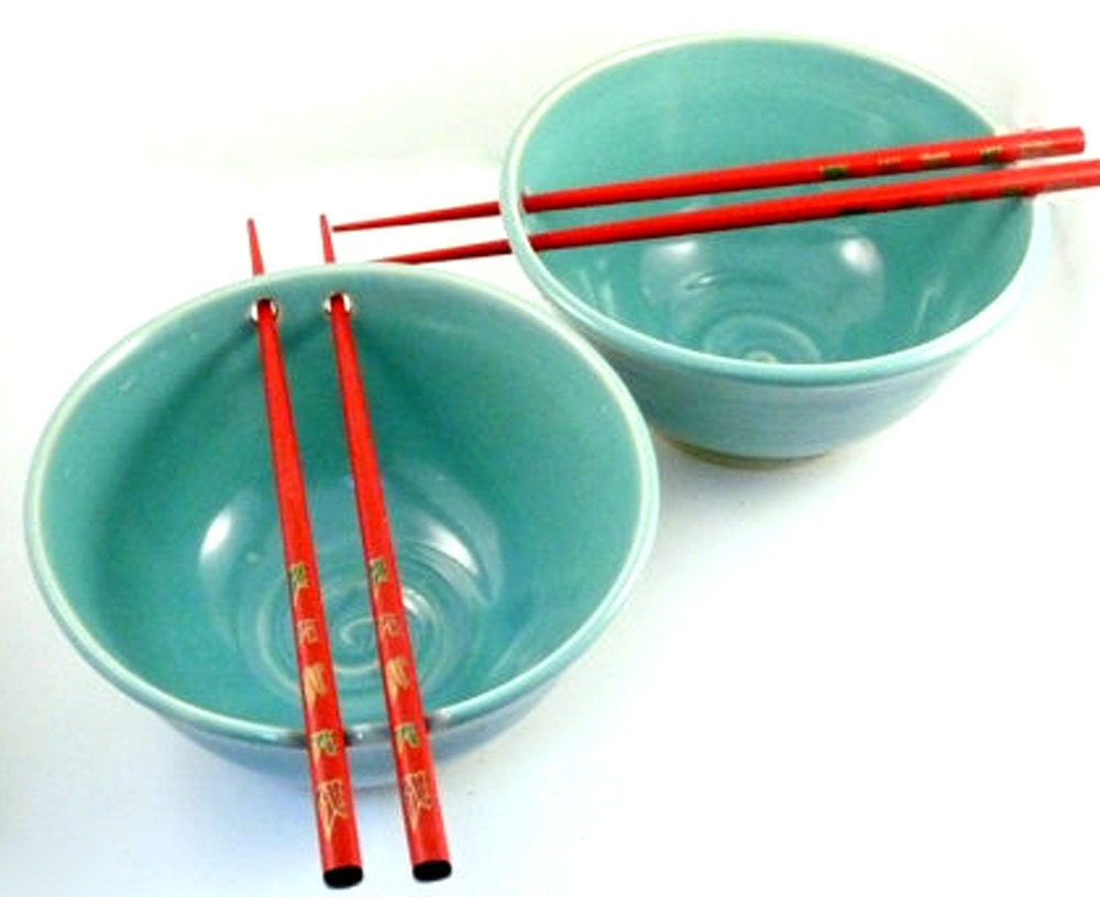 Two Aquamarine Blue Pottery Noodle Bowls IN STOCK / Stoneware Rice Bowls with Chopsticks - great couples gift