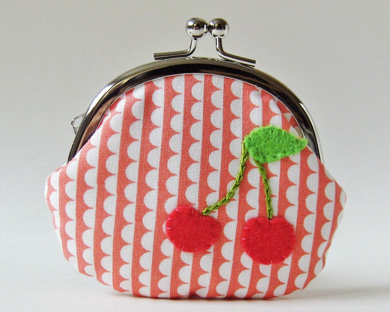 Coin purse cherries on pink scalloped stripes