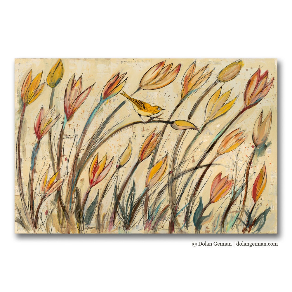 Sunshine Coral Bird Painting, Original Art on Wood, Trilliums, Made to Order, Summer Finds - dolangeiman