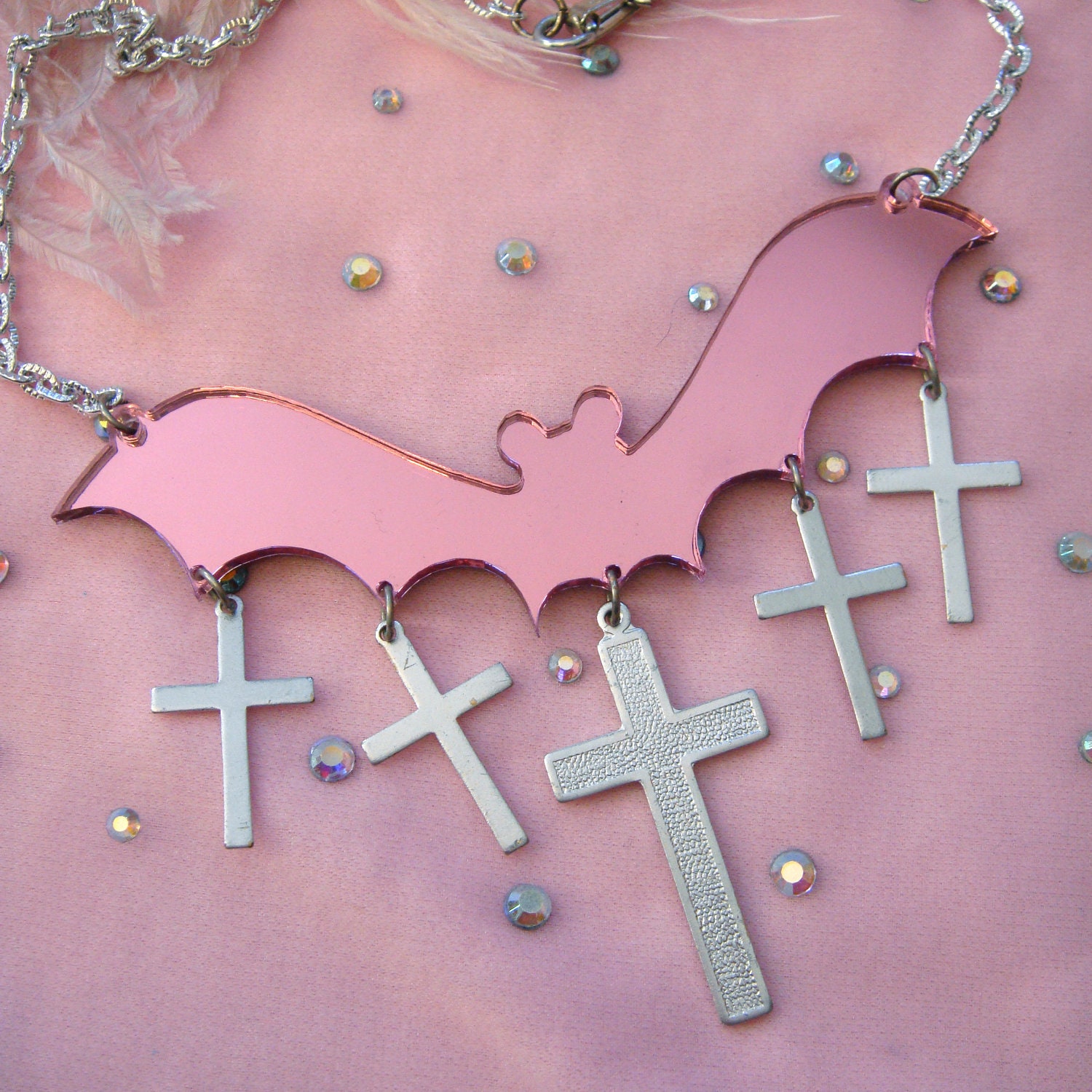 Pink Mirror Bat and Crosses Acrylic Necklace